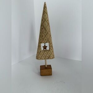 Elegant Tan Wooden Carved Christmas Tree Tabletop Decor